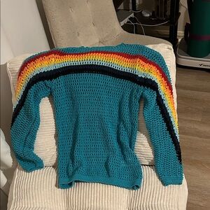 SHEIN Teal Sweater with Rainbow Stripes